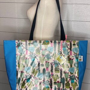 Cactus and blue Swiss dot Oilcloth tote