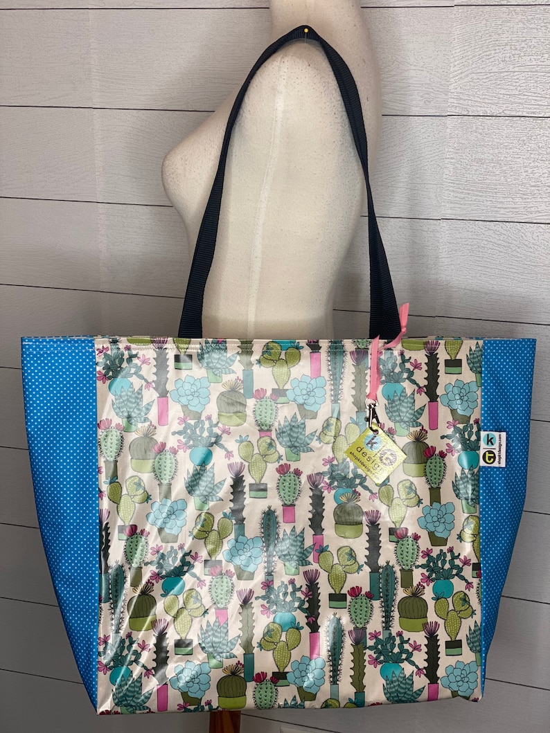 Cactus and blue Swiss dot Oilcloth tote