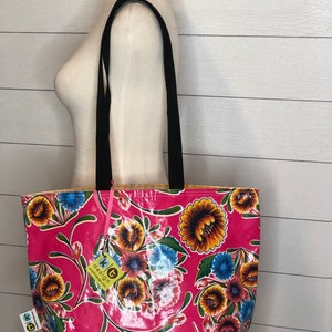 Fushia Bloom Rapids oilcloth tote image 1