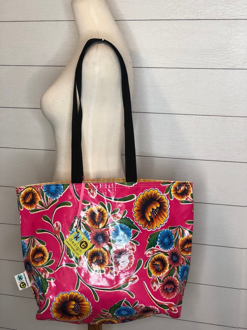 Fushia Bloom Rapids oilcloth tote image 1