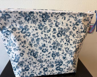 Navy Floral Laminated Cotton Zip Pouch, Waterproof Makeup and toiletries Bag, Stands Up