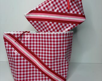 Set of red gingham zip it bags with pink stripped ribbon. Make up toiletries bag, waterproof bathroom bag, preppy colorful and easy to clean