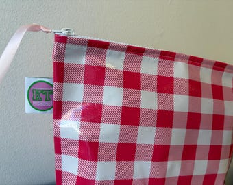 Jumbo Pink Gingham Oilcloth Pouch, Makeup Bag, Toiletries, waterproof