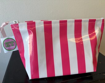Pink Stripe oilcloth cosmetic pouch. Waterproof Makeup, toiletries, pencil, sunscreen zip bag.