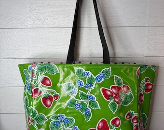 Beach bag Strawberry oilcloth, waterproof lake tote, reversible tote, easy clean structured carry on bag