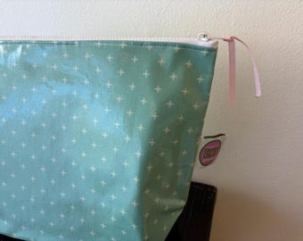 Mint Laminated Cotton and oilcloth waterproof makeup, toiletries, sunscreen zip Bag.