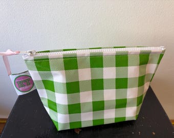 Green Gingham oilcloth Zipper Pouch. Waterproof Makeup, toiletry, cosmetic, pencil, snack zip Bag,