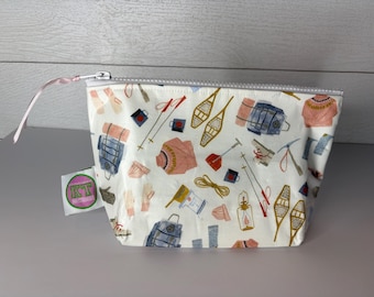 Waterproof Cosmetic Pouch,Winter theme snow ski Travel Bag, Laminated Cotton Toiletry Organizer