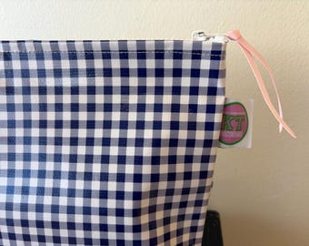 Navy Gingham Oilcloth Zip Pouch, Waterproof Makeup Toiletry, sunscreen Bag