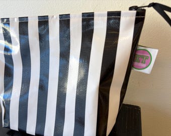 Black Stripe Oilcloth Pouch, Makeup Toiletries Bag, Stands Up, waterproof zip