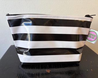 Black White Stripe oilcloth cosmetic Bag. Waterproof Makeup, toiletries, pencil Pouch.  Zip bag