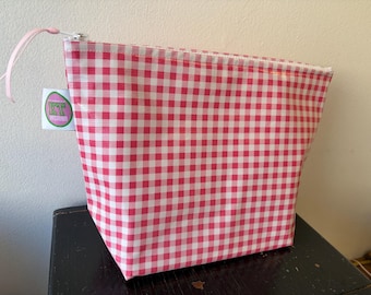 Pink Gingham Oilcloth Zip Pouch.  Makeup, toiletries waterproof Stand-Up zip bag