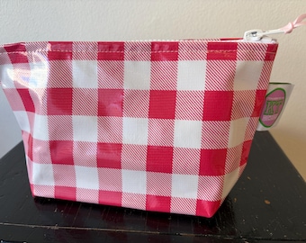 Pink Gingham oilcloth cosmetic pouch.  Waterproof Makeup, toiletry, pencil, snack zip bag. Easy to Clean
