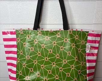 Nautical Green and pink beach bag, reversible waterproof,easy to clean , overnight stand up colorful,  pool beach bag