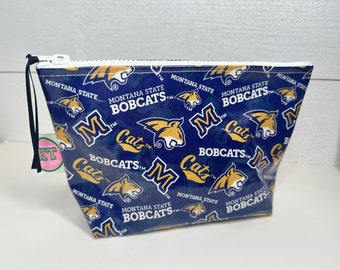 Montana State Bobcat oilcloth and laminated cotton make up, toiletries, pencil zip it bag