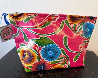 Fuchsia Floral bloom oilcloth Zipper Pouch. Waterproof Makeup, Cosmetic toiletries zip Bag