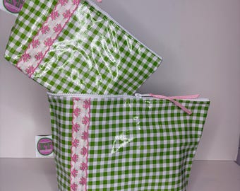 Set of green gingham with pink floral zip it bags ribbon. Make up toiletries bag, waterproof bathroom bag, preppy easy to clean