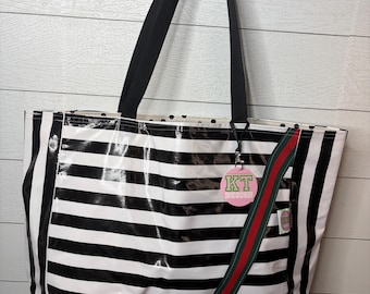 Oilcloth Beach Bag, black Stripe Ribbon, Reversible Waterproof Tote, carry on