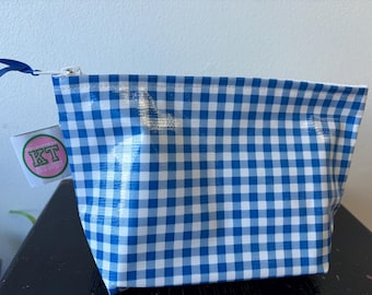 Blue Gingham oilcloth cosmetic Bag.  Waterproof Makeup, toiletry, pencil, snack zip bag.  Waterproof Pouch.