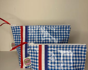 Set of Blue gingham and USA stripped zip it bags ribbon. Make up toiletries bag, waterproof bathroom bag, preppy easy to clean 250 America