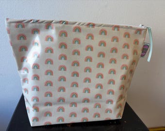 Rainbow Laminated Cotton and oilcloth Zip Pouch.  Makeup, Toiletries, sunscreen, snack waterproof zip Bag.