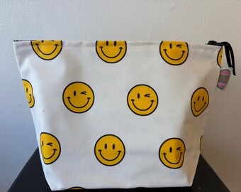 Smiley Face Laminated Cotton and oilcloth Pouch, Waterproof, make up, toiletries Zipper bag
