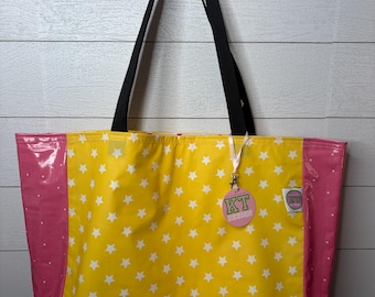 Yellow star and pink  beach bag carry on waterproof reversible tote with pocket reversible Structured, tote catch all bag.