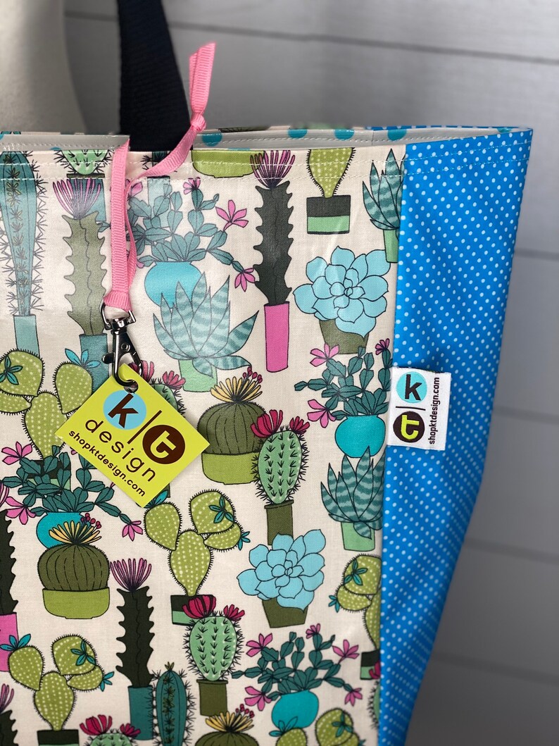 Cactus and blue Swiss dot Oilcloth tote