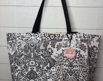 Black and white toile paradise lace oilcloth beach bag, carry on tote, structured oilcloth shopping bag