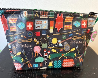 Vintage Camping Print laminated cotton, oilcloth Cosmetic Bag.  Waterproof Makeup, camping, pencil zip bag