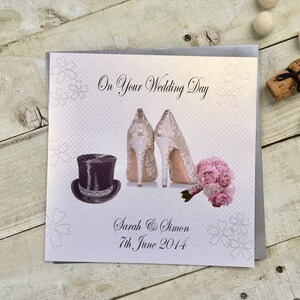 Biglietto di nozze personalizzato - Top Hat, Shoes & Bouquet Design PPS10, fare il nodo, coppia sposata, figlia, figlio, sorella, fratello grande matrimonio