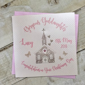 Carta di battesimo personalizzata - chiesa rosa, figlioccia. figlia, nipote, nipote, sorella