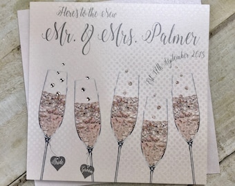 Personalised Handmade Wedding Card - WEDDING CHAMPAGNE FLUTES - Mr. & Mrs. wedding card new couple, bride and groom