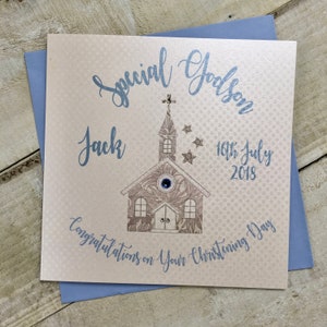 Biglietto di battesimo personalizzato fatto a mano Godson - Blue Church Design - Speciale Biglietto di battesimo di figlio, figlio, nipote, nipote