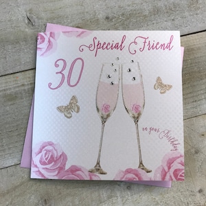 Carte d’anniversaire spéciale Ami fait main - âge 18, 21, 30, 40, 50, 60, 65, 70 ,75 ,80 ,85 ,90, 95, 100 - champagne rose et roses (SS42-sf)