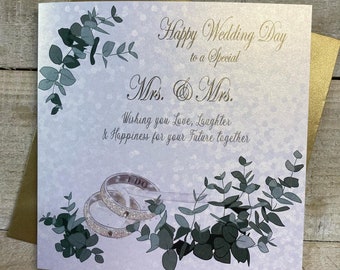 MRS and MRS Same Sex Wedding Handmade Card - special wedding card - flutes, flowers, rings stunning bespoke card