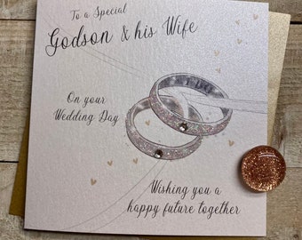 Godson or Goddaughter & Husband / Wife Wedding Handmade Card - special wedding card - flutes, couple, hat,shoes, bouquet