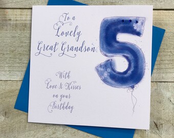 May include: A white card with blue lettering that reads "To a Lovely Great Grandson. With Love & Kisses on your Birthday." A blue watercolor illustration of a number 5 balloon with three blue rhinestones is on the right side of the card.