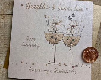 Daughter & Son in law or Son and Daughter in law Handmade Anniversary Champagne Flutes, Love birds, Hearts