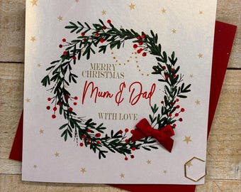 Mum & Dad, Parents Christmas Handmade Card - Champagne, Robin, Bauble, Wreath - with love at Christmas Card