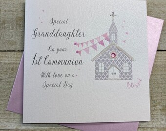 1st First Communion Granddaughter Handmade Card - Silver Church or Silver Balloon