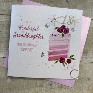 Carte d'anniversaire faite à la main de petite-fille - âge 13 14 15 16 17 18, 21, 30, 40, 50 - champagne rose ou gâteau de couche rose