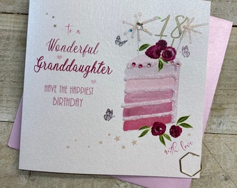 Carte d'anniversaire faite à la main de petite-fille - âge 13 14 15 16 17 18, 21, 30, 40, 50 - champagne rose ou gâteau de couche rose
