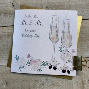 Cartão feito à mão para casamento do mesmo sexo MR e MR - cartão de casamento especial - flautas, flores, anéis cartão personalizado deslumbrante