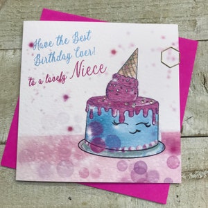 Tarjeta de cumpleaños de sobrina - Tarjeta especial hecha a mano - Estrellas, pastel de helado, flamigo, castillo, pastel de arco iris, tacones, esmalte de uñas