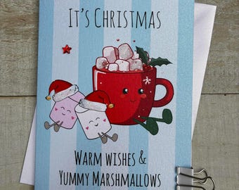 Cute Character Christmas Card - Doodlebugs, cute food, mince pie, figgy pud, tea bag, sprout, candy cane, carrot, hot choc, football