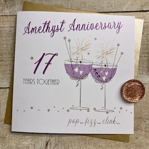 Tarjeta del 17.º aniversario con amatista: para esposa, esposo, mamá y papá, amigos especiales, hijo, hija, tarjeta hecha a mano