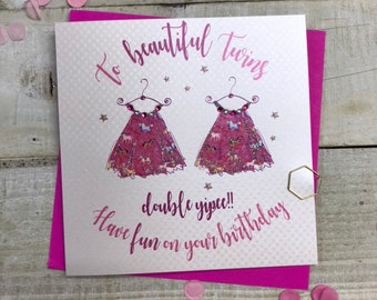 Twins Birthdays card- 1 2 3 4 - Little glittery dresses - pretty girls birthday dresses