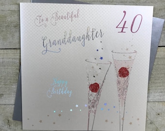 Mooie handgemaakte verjaardagskaart voor kleindochter met champagneglazen, leeftijd 18, 21, 30, 40, 50 - verijdeld en met de hand glinsterde met diamonte
