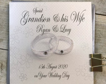 Grandson and his wife - Personalised  wedding Cards with glittery Rings design - Son, Daughter, sister, brother, granddaughter, grandson